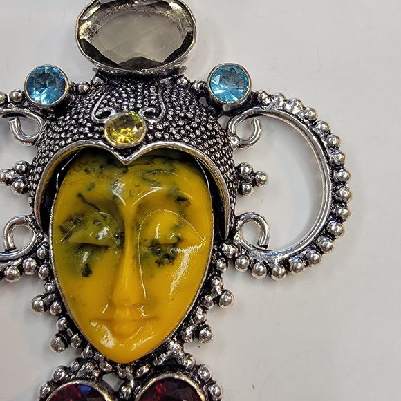 Sterling Silver Pendant with Yellow Carved Face and Multi-Gem Accents - Picture 10 of 11